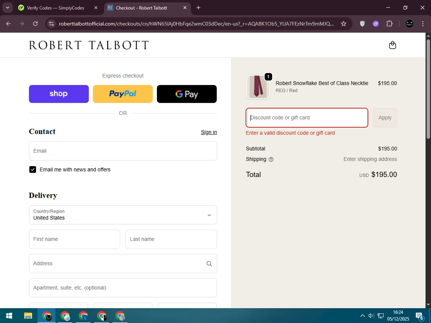 Robert Talbott coupon code screenshot showing code THANKS30 applied at Robert Talbott checkout page. Uploaded by SimplyCodes community member BargainWizard5755 on Dec 5, 2025