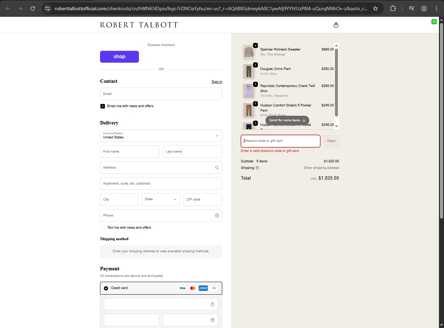 Robert Talbott coupon code screenshot showing code THANKS30 applied at Robert Talbott checkout page. Uploaded by SimplyCodes community member Jeremi on Dec 5, 2025