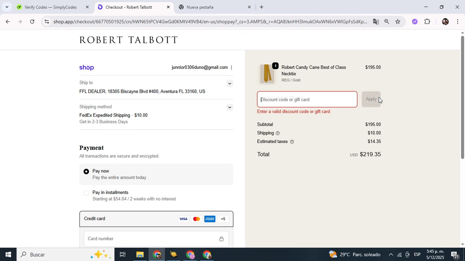 Robert Talbott coupon code screenshot showing code THANKS30 applied at Robert Talbott checkout page. Uploaded by SimplyCodes community member Junniorduno on Dec 5, 2025