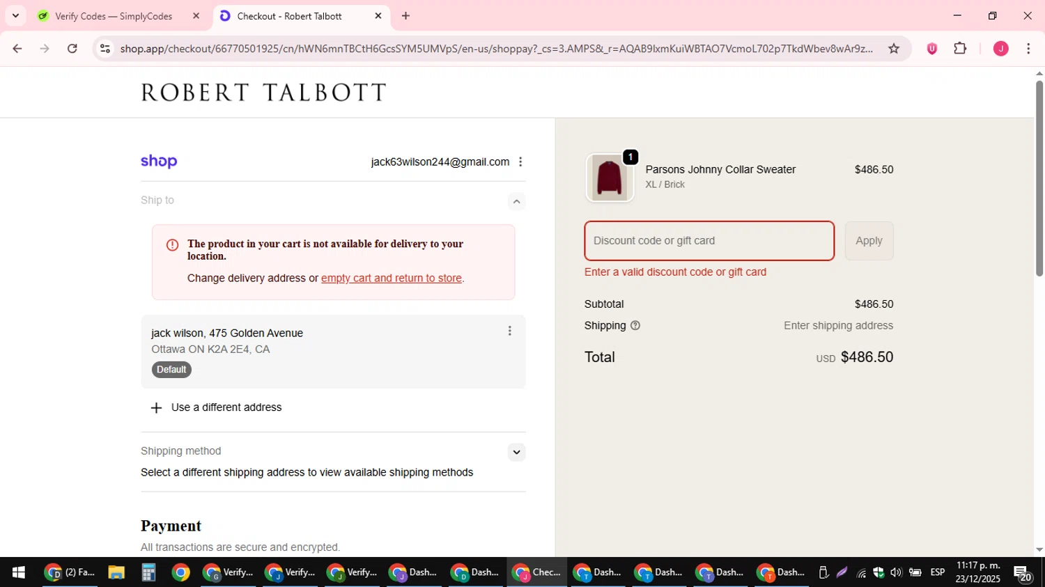 Robert Talbott coupon code screenshot showing code HOLIDAYSHIP applied at Robert Talbott checkout page. Uploaded by SimplyCodes community member JackWilson63 on Dec 24, 2025