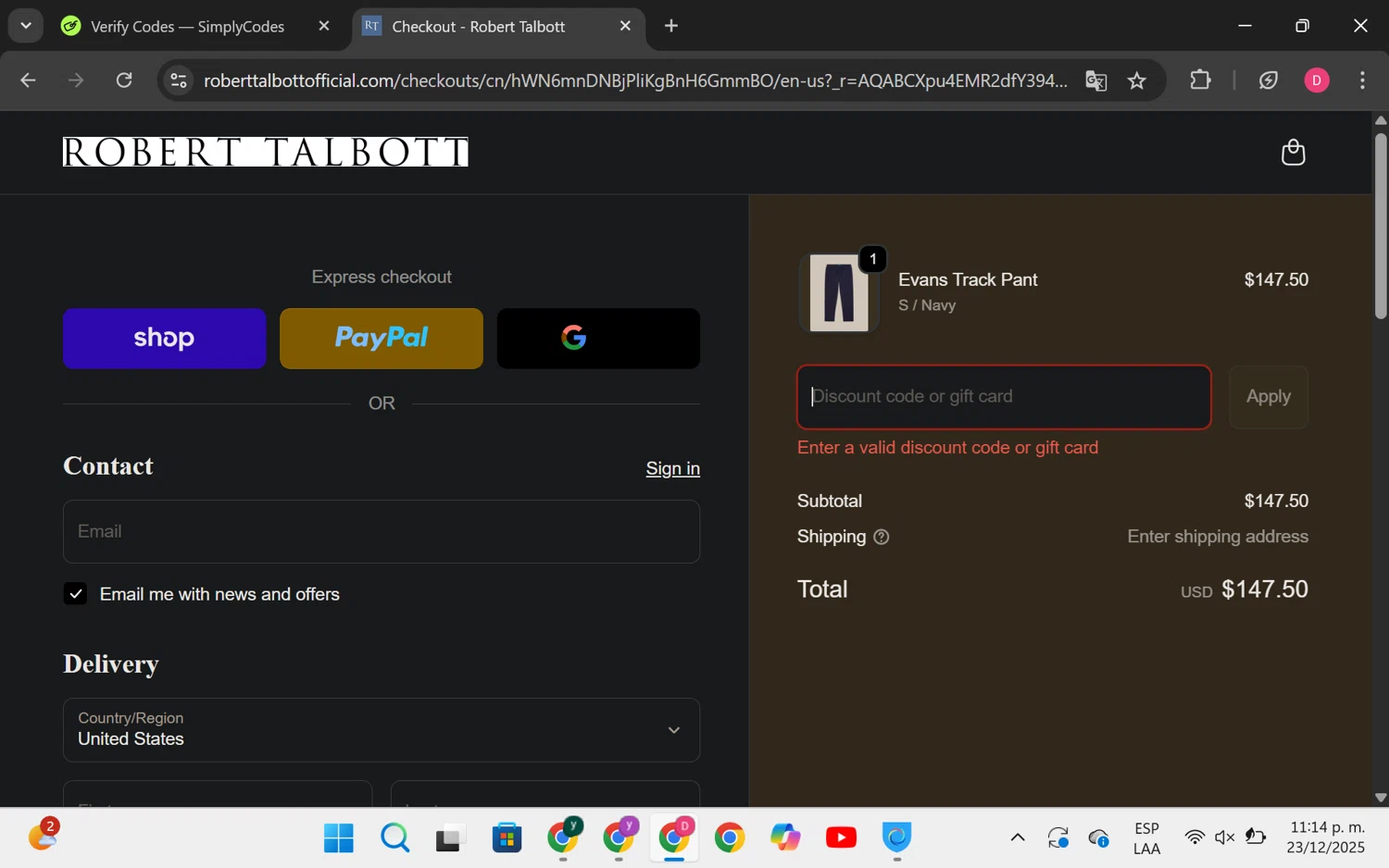 Robert Talbott coupon code screenshot showing code HOLIDAYSHIP applied at Robert Talbott checkout page. Uploaded by SimplyCodes community member LuckyHero4650 on Dec 24, 2025