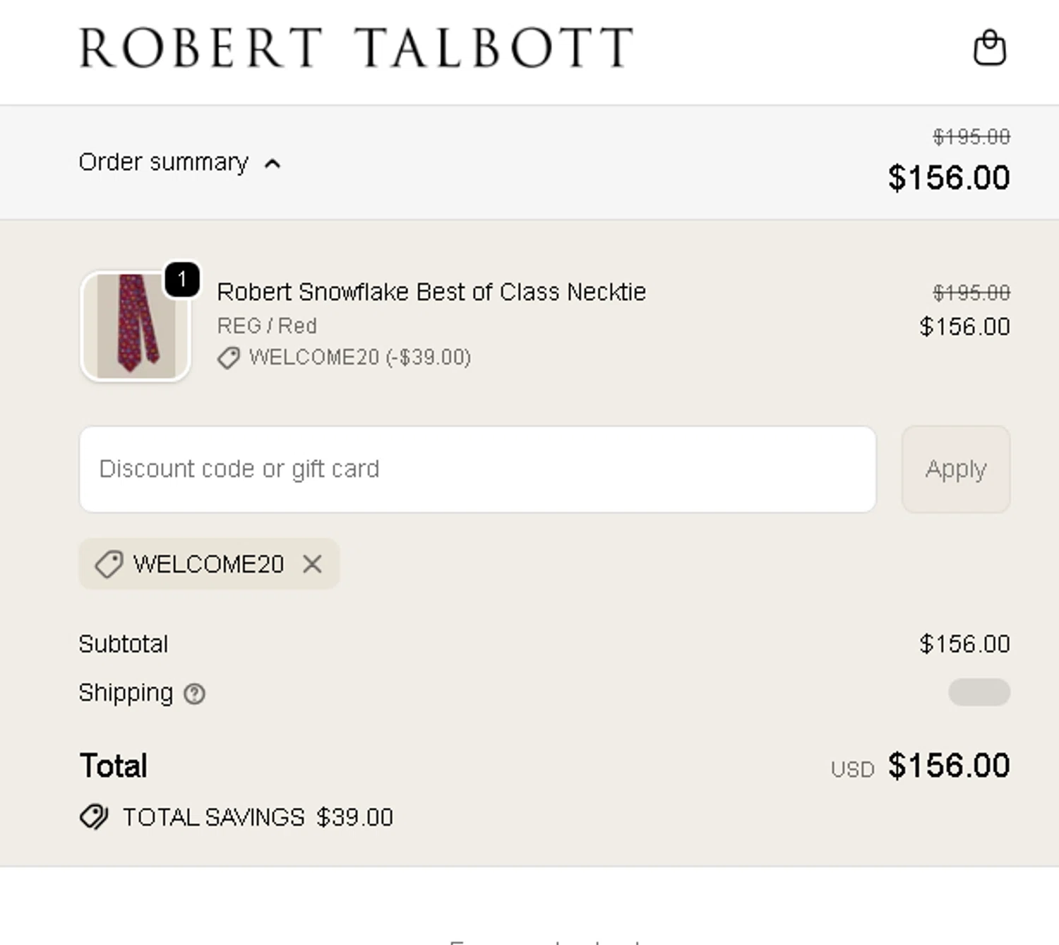 Robert Talbott coupon code screenshot showing code WELCOME20 applied at Robert Talbott checkout page. Uploaded by SimplyCodes community member AMANDA2681 on Dec 18, 2025