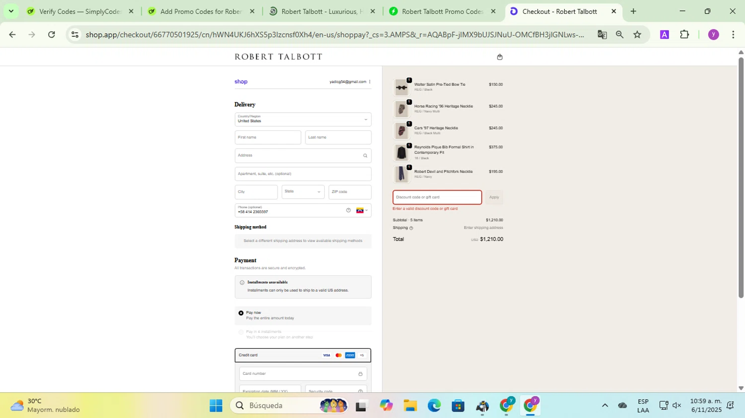 Robert Talbott coupon code screenshot showing code LDW15 applied at Robert Talbott checkout page. Uploaded by SimplyCodes community member yadicg054 on Nov 6, 2025