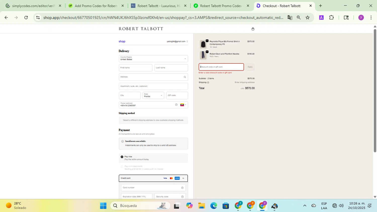 Robert Talbott coupon code screenshot showing code LDW15 applied at Robert Talbott checkout page. Uploaded by SimplyCodes community member yadicg054 on Oct 24, 2025