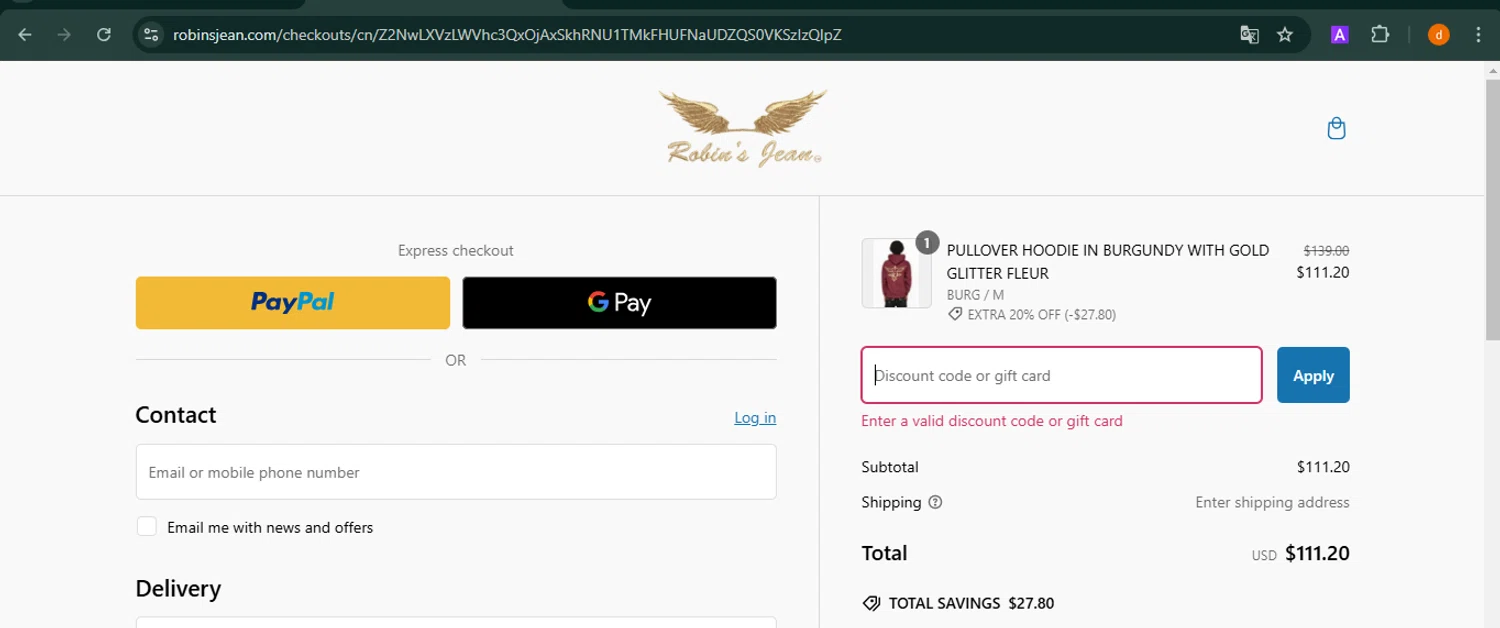 Robin's Jean promo code screenshot showing code GORAMS applied at Robin's Jean checkout page. Uploaded by SimplyCodes community member PennyAdmiral6960 on Jan 16, 2025