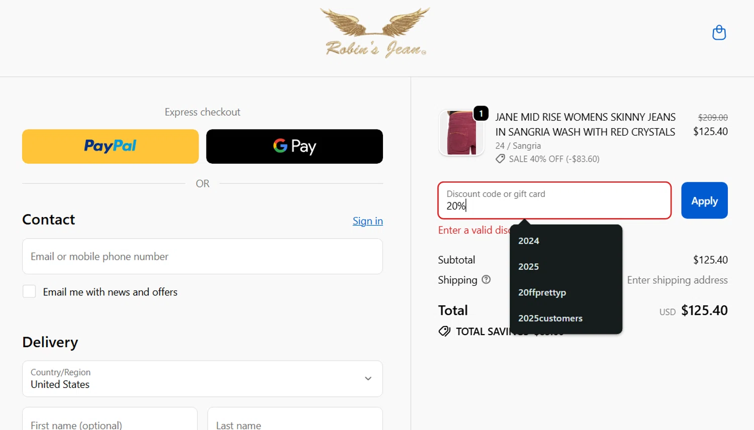 Robin's Jean promo code screenshot showing code 20% applied at Robin's Jean checkout page. Uploaded by SimplyCodes community member enzoonova on Dec 15, 2025