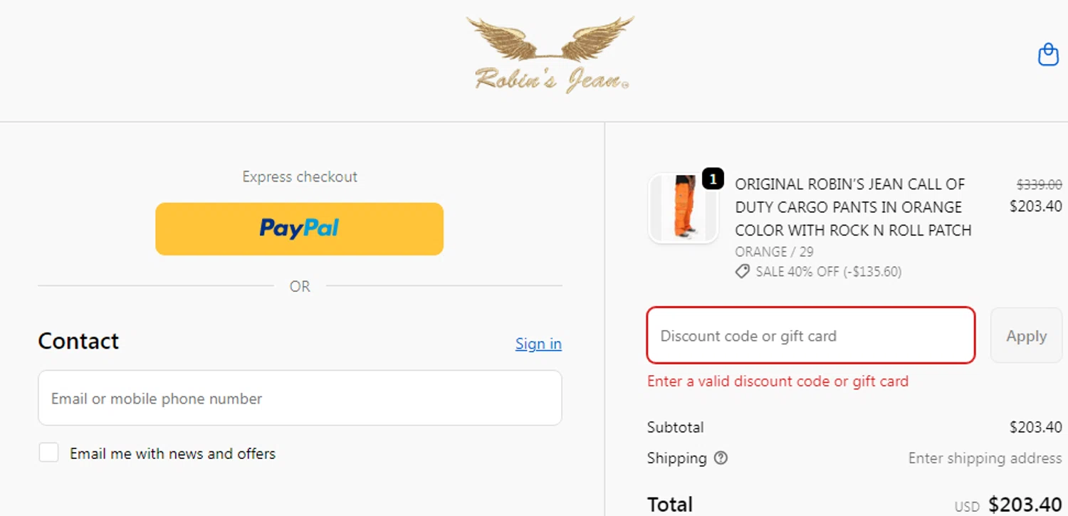 Robin's Jean promo code screenshot showing code 20% applied at Robin's Jean checkout page. Uploaded by SimplyCodes community member veronicaarias on Dec 15, 2025
