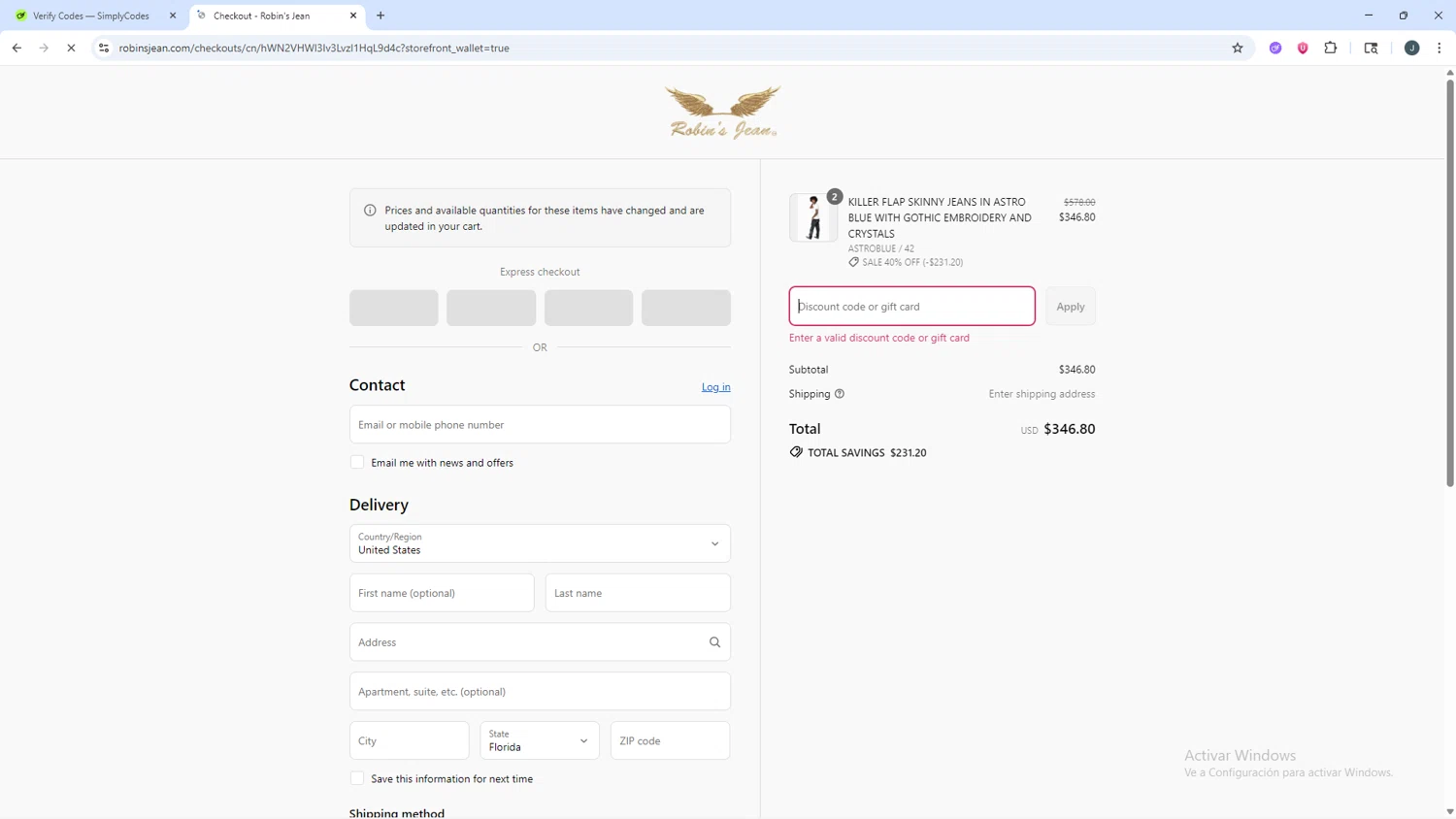 Robin's Jean promo code screenshot showing code GET10OFFSUBS applied at Robin's Jean checkout page. Uploaded by SimplyCodes community member AVATIGRITO on Sep 2, 2025