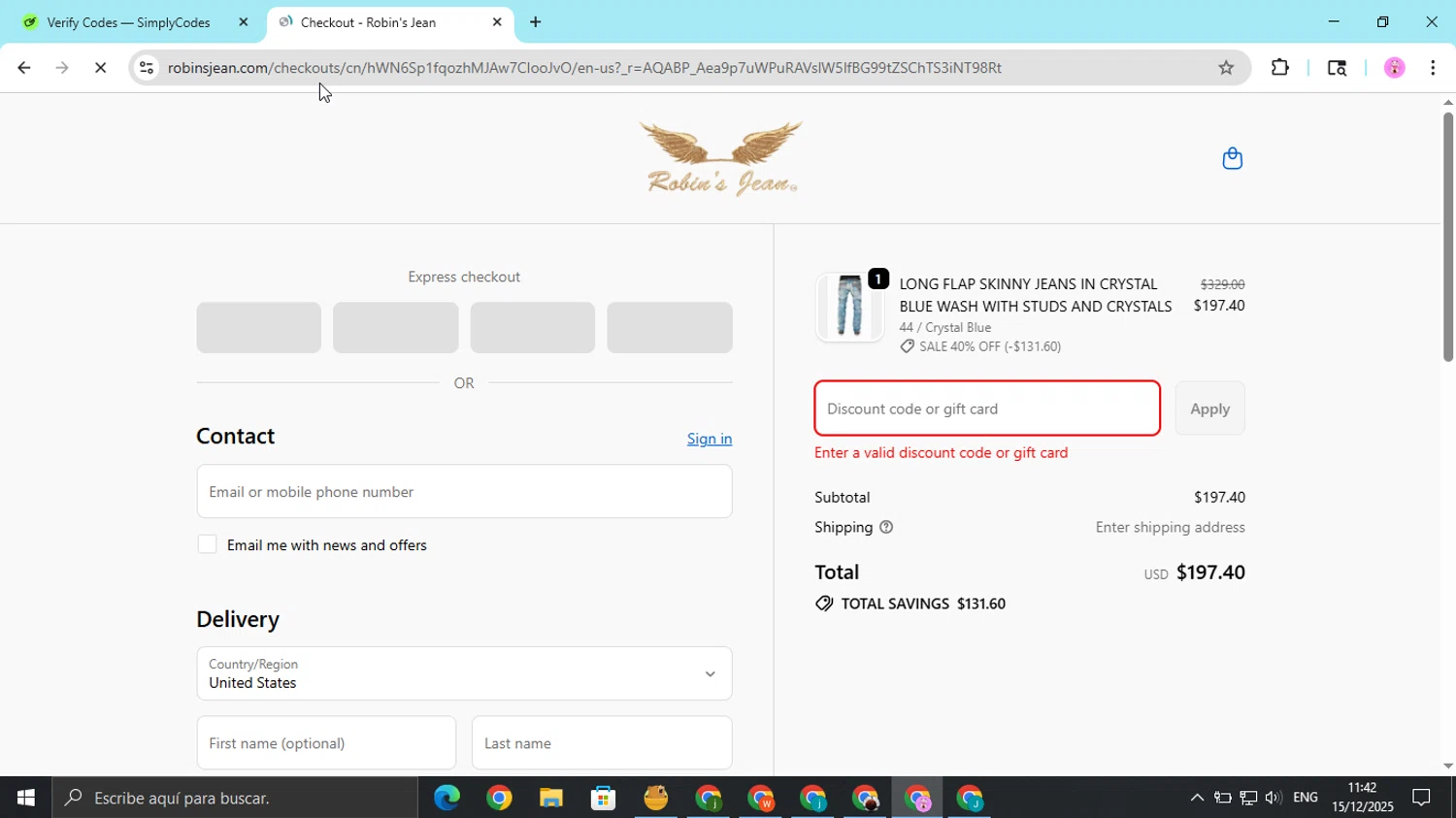 Robin's Jean promo code screenshot showing code GET10OFFSUBS applied at Robin's Jean checkout page. Uploaded by SimplyCodes community member cristianojesus on Dec 15, 2025