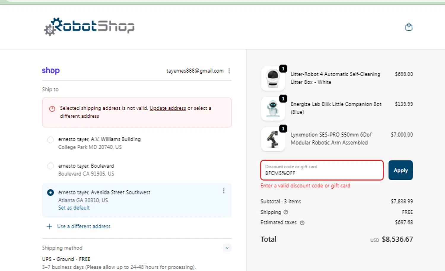 RobotShop promo code screenshot showing code BFCM5%OFF applied at RobotShop checkout page. Uploaded by SimplyCodes community member CURTIS on Apr 6, 2026