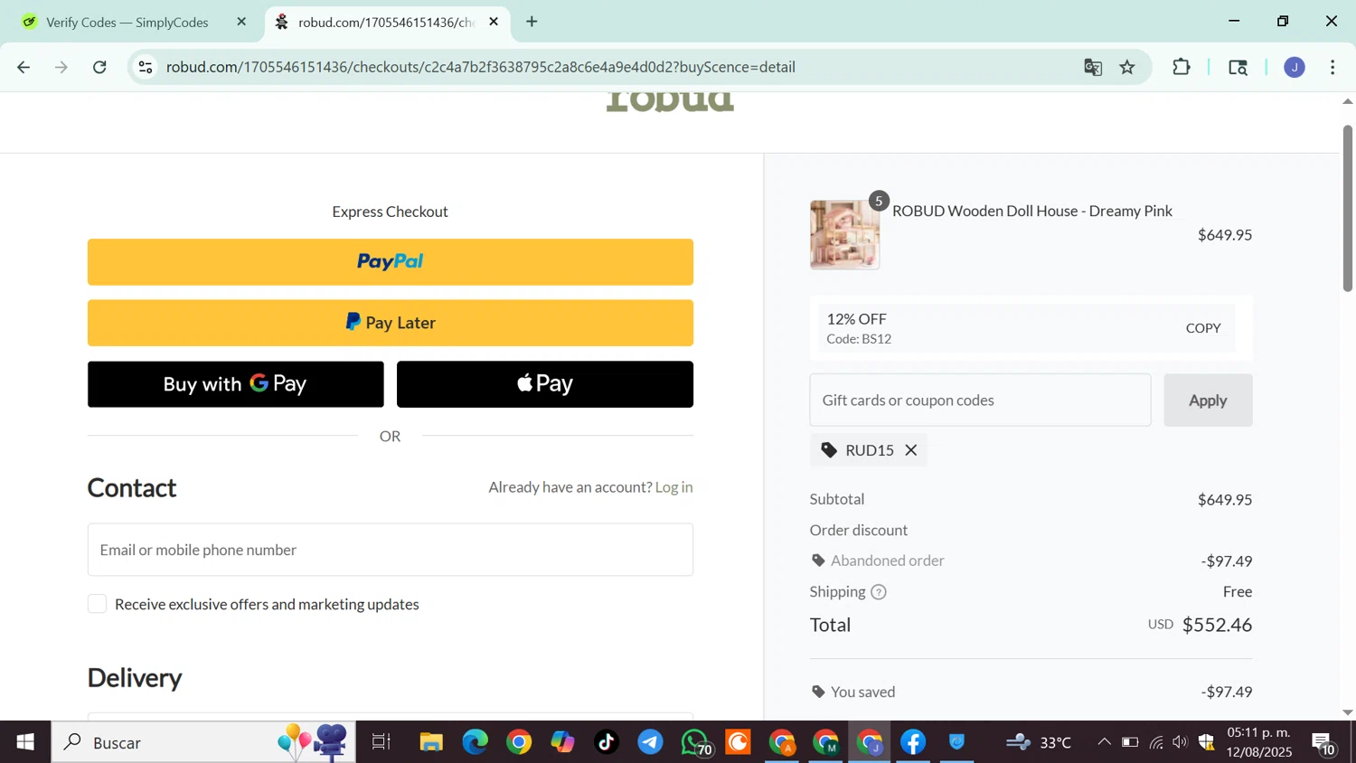 Robud promo code screenshot showing code RUD15 applied at Robud checkout page. Uploaded by SimplyCodes community member DiscountSleuth6807 on Aug 12, 2025