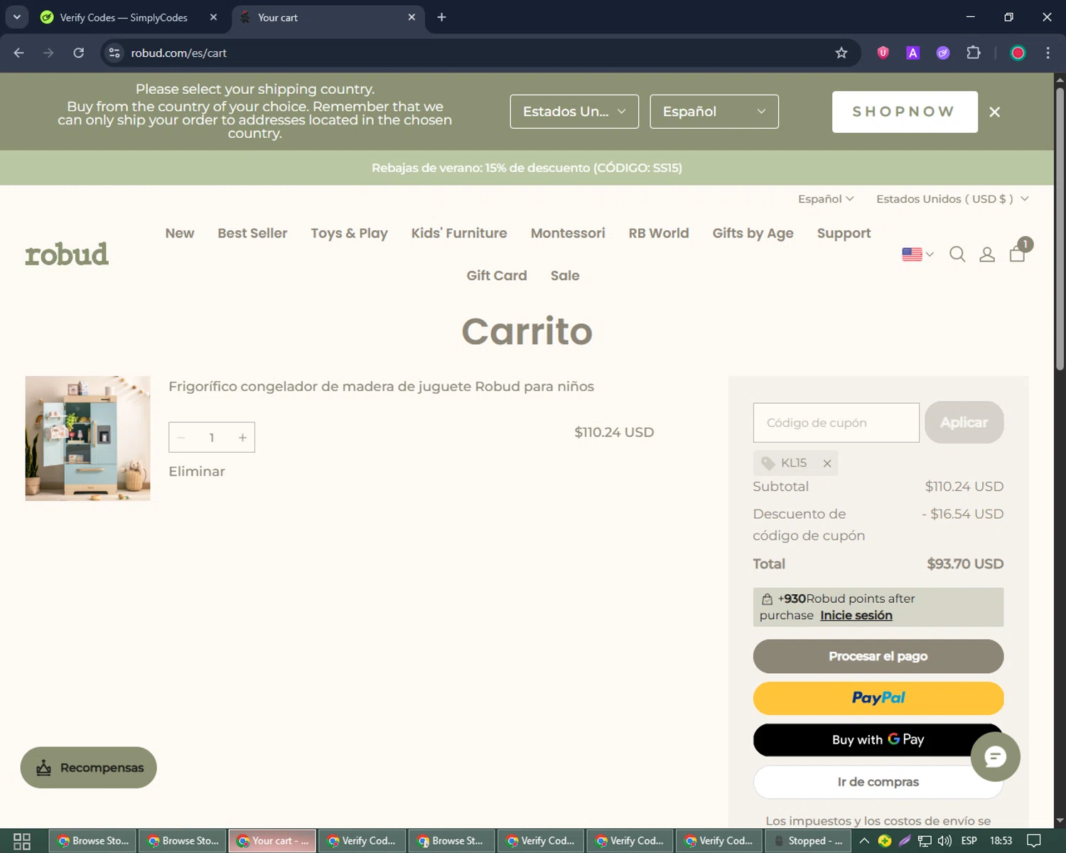 Robud promo code screenshot showing code KL15 applied at Robud checkout page. Uploaded by SimplyCodes community member Joseph_Davis on Jul 23, 2025