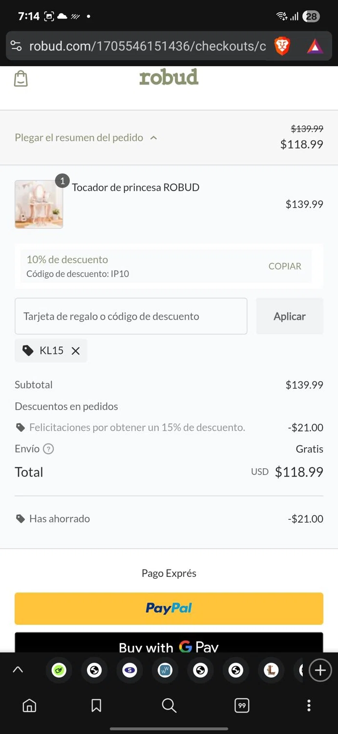 Robud promo code screenshot showing code KL15 applied at Robud checkout page. Uploaded by SimplyCodes community member conorgrey on Sep 19, 2025