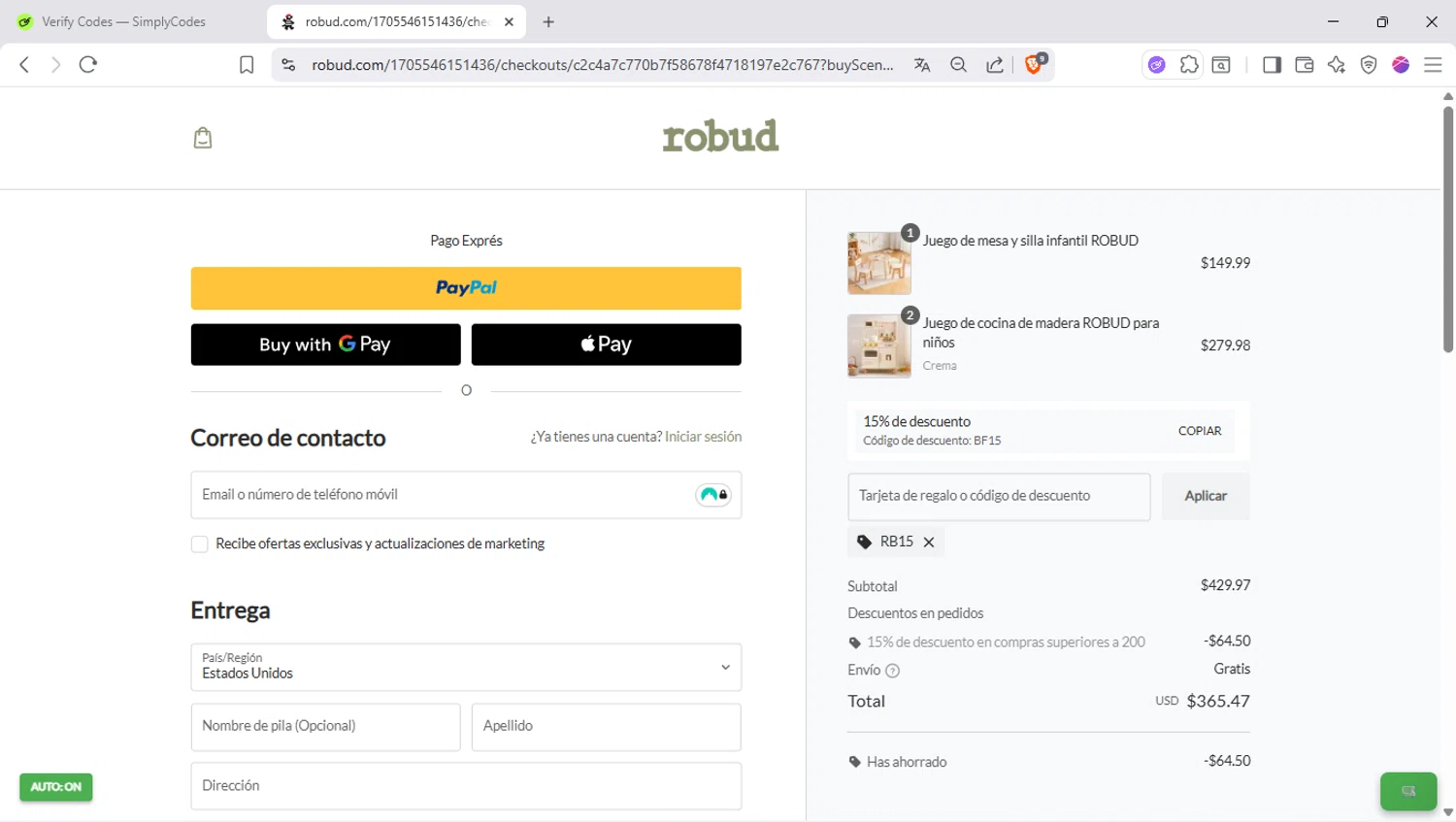 Robud promo code screenshot showing code RB15 applied at Robud checkout page. Uploaded by SimplyCodes community member SapeGato on Nov 25, 2025