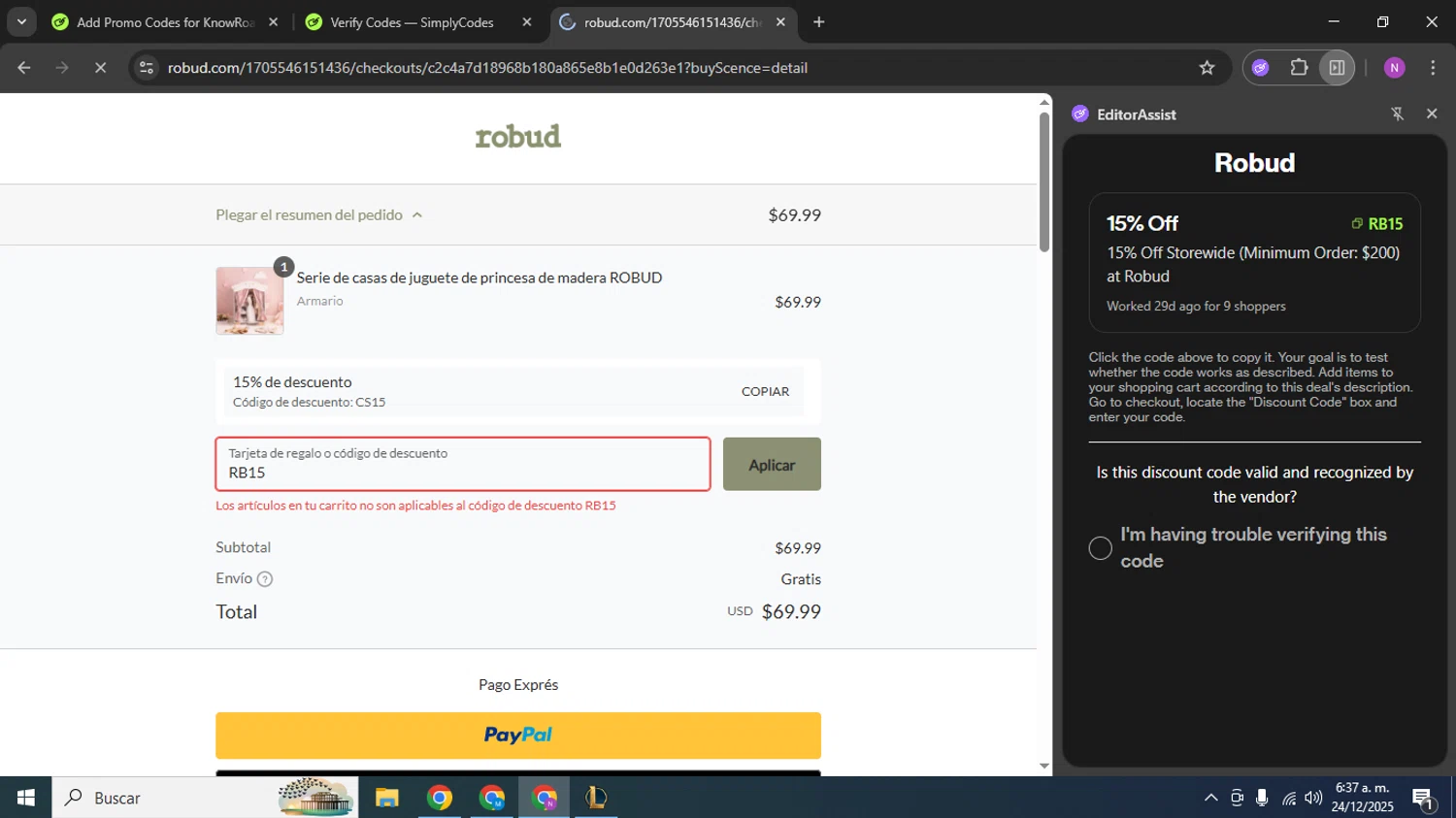 Robud promo code screenshot showing code RB15 applied at Robud checkout page. Uploaded by SimplyCodes community member carloschacin on Dec 24, 2025