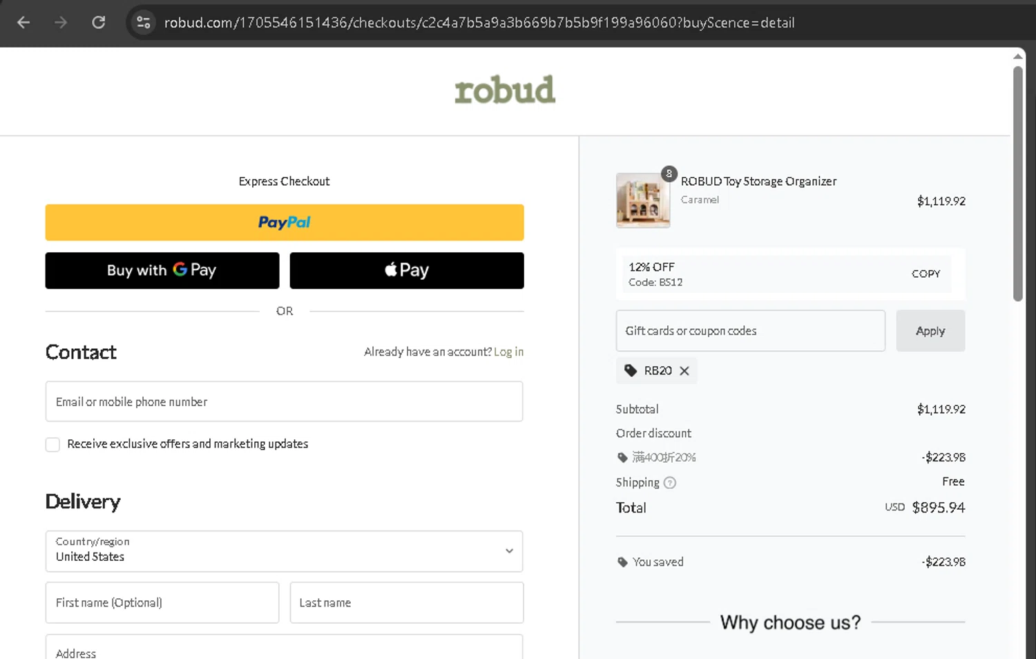 Robud promo code screenshot showing code RB20 applied at Robud checkout page. Uploaded by SimplyCodes community member BonusPro7395 on Aug 30, 2025
