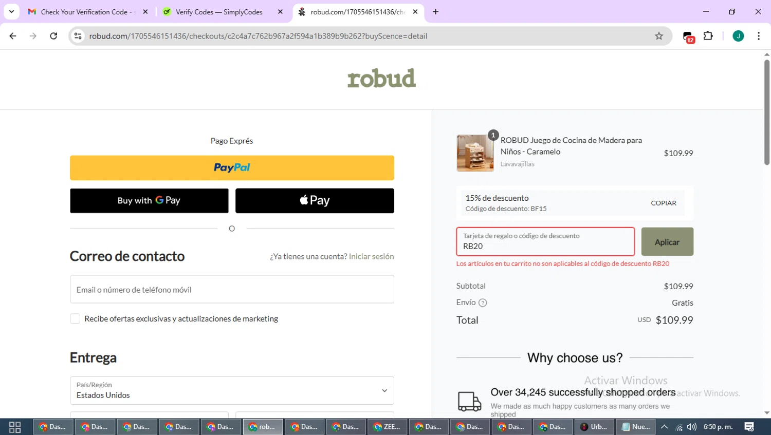 Robud promo code screenshot showing code RB20 applied at Robud checkout page. Uploaded by SimplyCodes community member SavvyCurator1770 on Nov 24, 2025