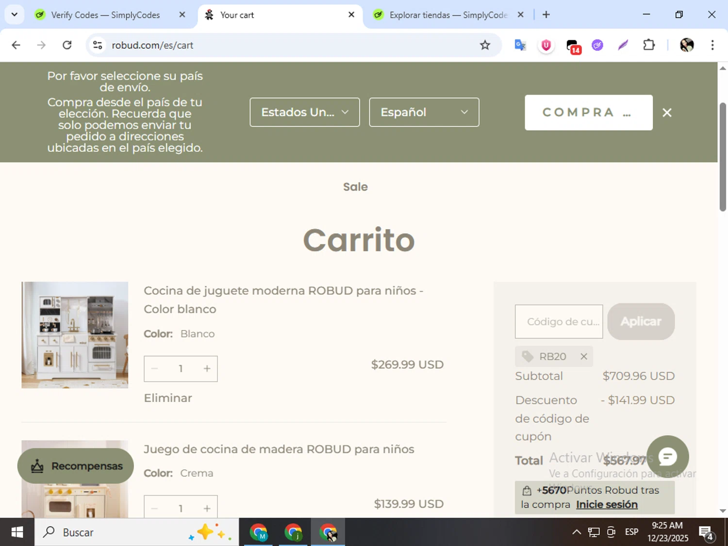 Robud promo code screenshot showing code RB20 applied at Robud checkout page. Uploaded by SimplyCodes community member mariapolancog on Dec 23, 2025