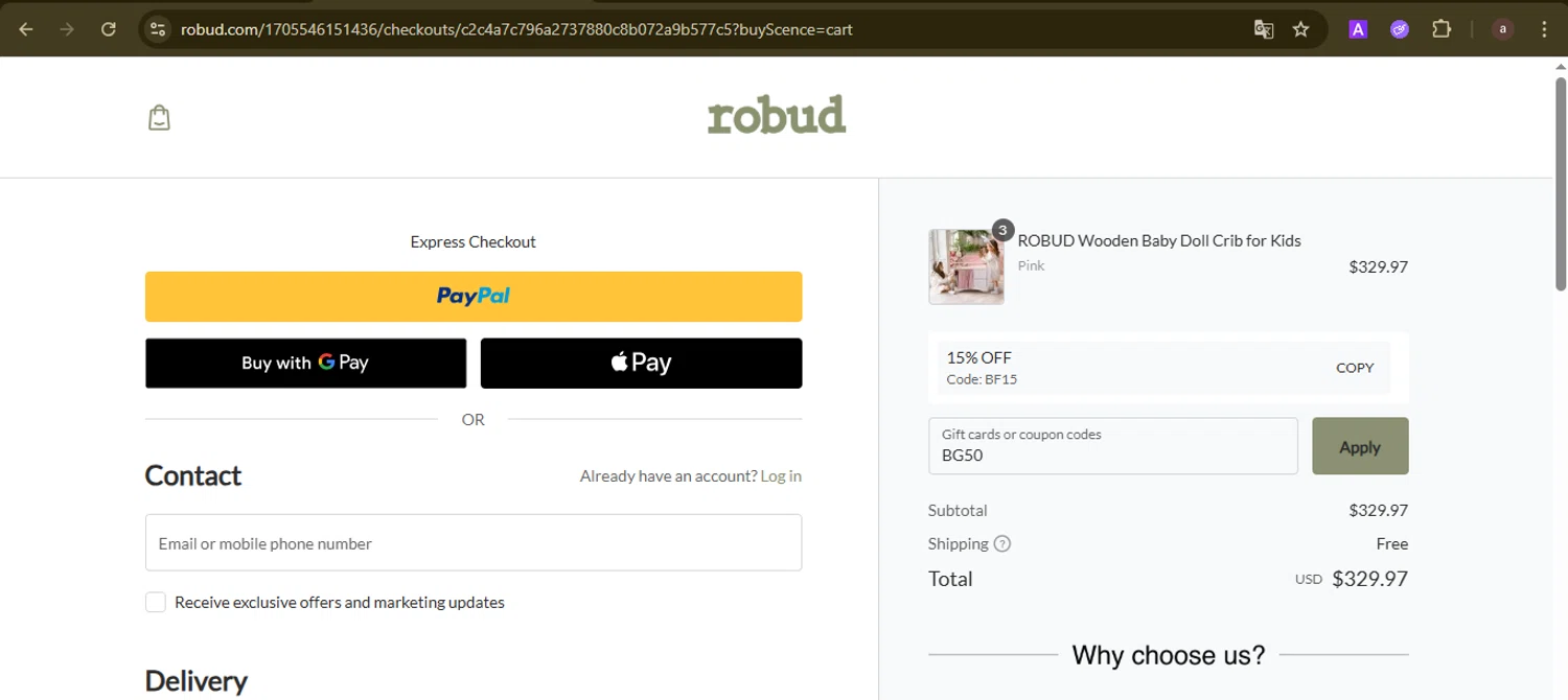 Robud checkout page showing Robud promo code box | Screenshot taken by SimplyCodes community member on Nov 27, 2025