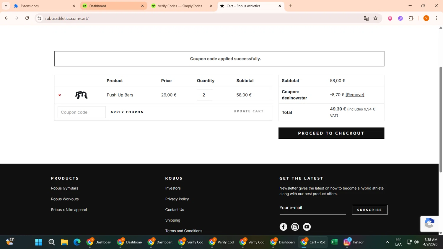Robus Athletics promo code screenshot showing code DEALNOWSTAR applied at Robus Athletics checkout page. Uploaded by SimplyCodes community member FortunateFinder9465 on Apr 9, 2026