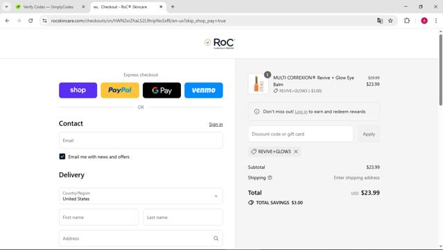RoC Skincare checkout page showing RoC Skincare promo code box | Screenshot taken by SimplyCodes community member on Sep 12, 2025