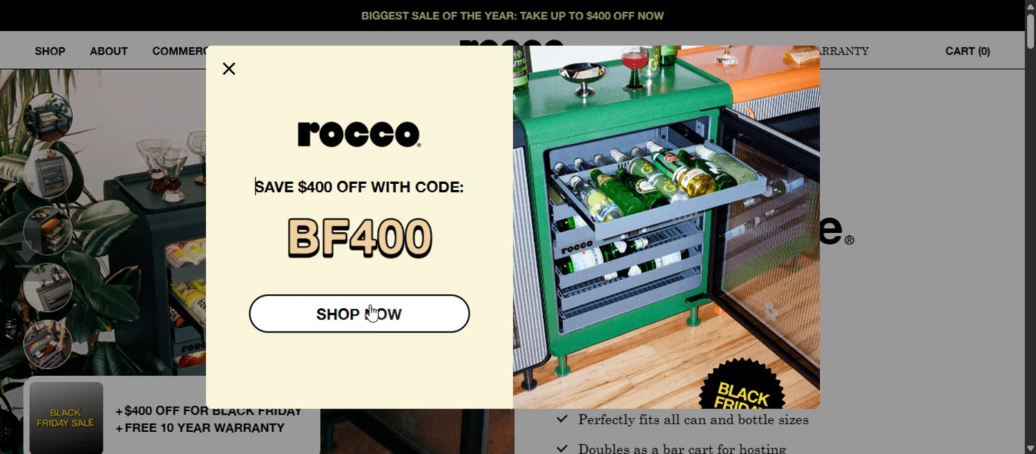 Rocco promo code screenshot showing code BF400 applied at Rocco checkout page. Uploaded by SimplyCodes community member 111111 on Nov 13, 2025