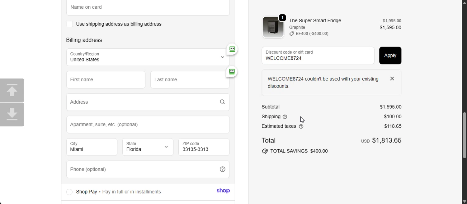 Rocco promo code screenshot showing code WELCOME8724 applied at Rocco checkout page. Uploaded by SimplyCodes community member 111111 on Nov 13, 2025