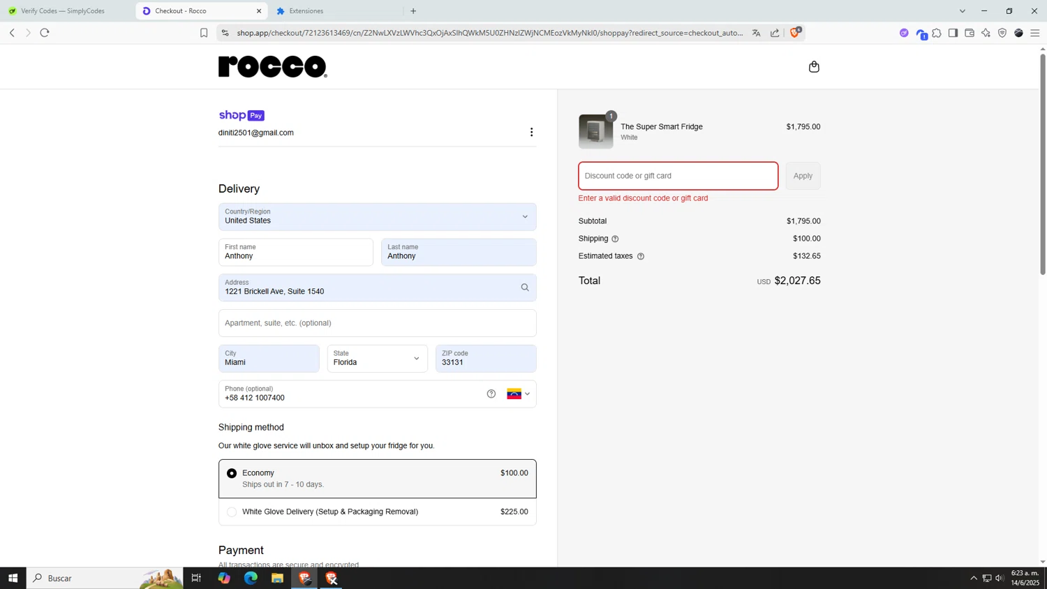 Rocco promo code screenshot showing code FREESHIPPING applied at Rocco checkout page. Uploaded by SimplyCodes community member AnthonyGTX on Jun 14, 2025
