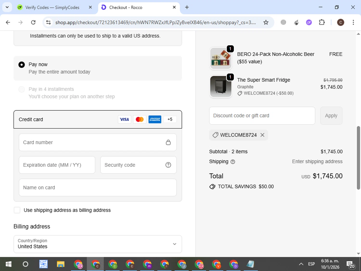 Rocco checkout page showing Rocco promo code box | Screenshot taken by SimplyCodes community member on Jan 10, 2026
