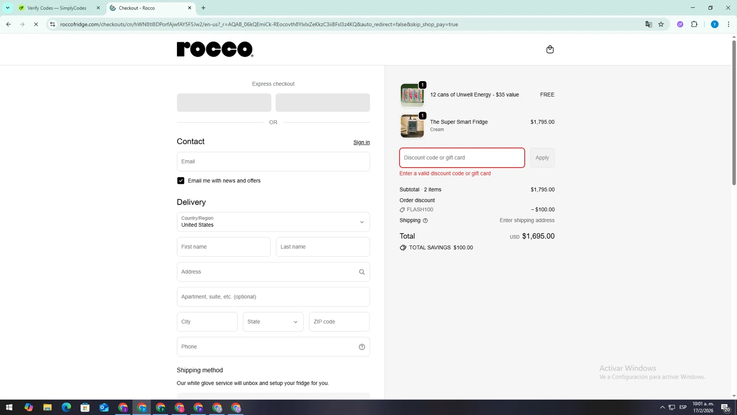 Rocco promo code screenshot showing code FREESHIP applied at Rocco checkout page. Uploaded by SimplyCodes community member TokenSaver1205 on Feb 17, 2026