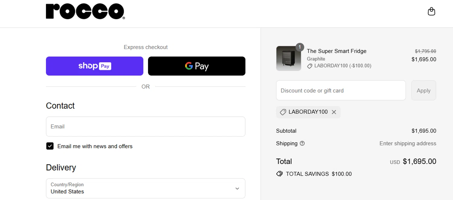 Rocco promo code screenshot showing code LABORDAY100 applied at Rocco checkout page. Uploaded by SimplyCodes community member jesspea on Aug 26, 2025