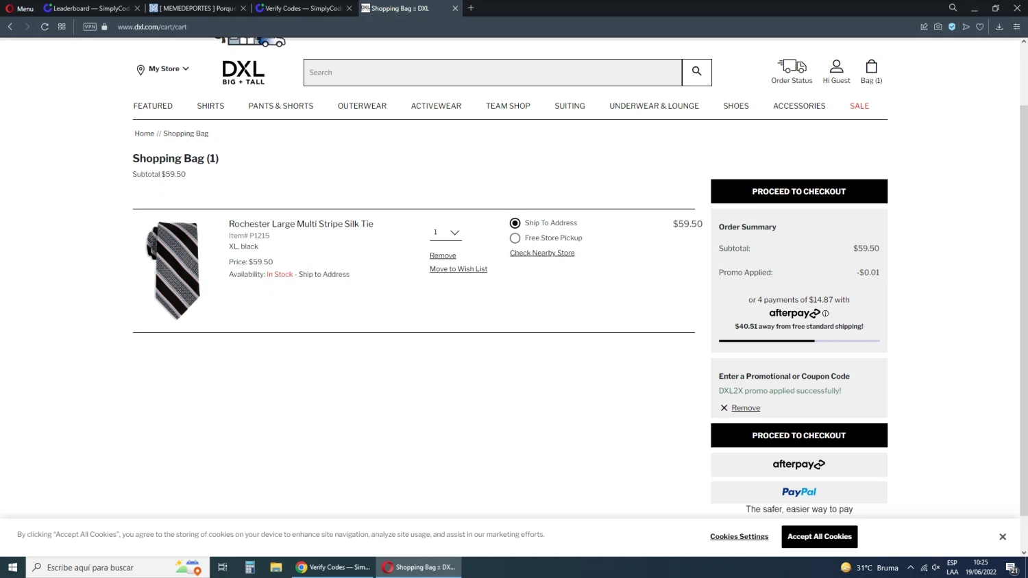 Rochester Clothing checkout page showing Rochester Clothing coupon code box | Screenshot taken by SimplyCodes community member on Jun 19, 2022