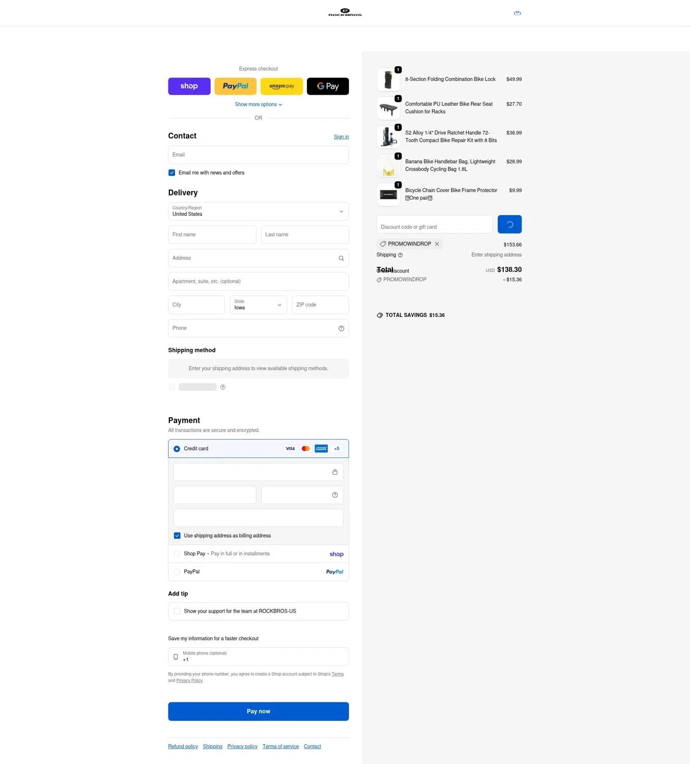 Rockbrosbike promo code screenshot showing code PROMOWINDROP applied at Rockbrosbike checkout page. Uploaded by SimplyCodes community member terricameron on Feb 15, 2026