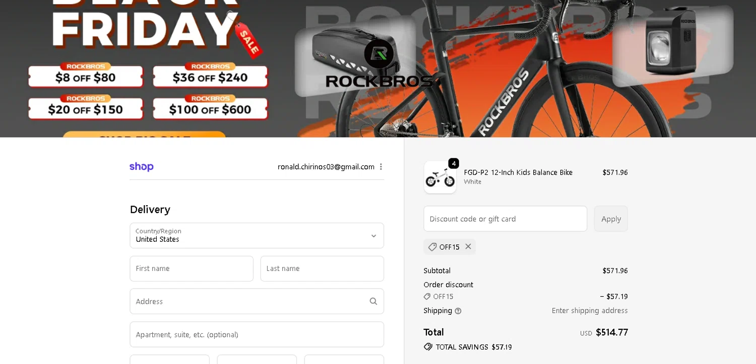 Rockbrosbike promo code screenshot showing code Off15 applied at Rockbrosbike checkout page. Uploaded by SimplyCodes community member CrownAce9258 on Dec 10, 2025