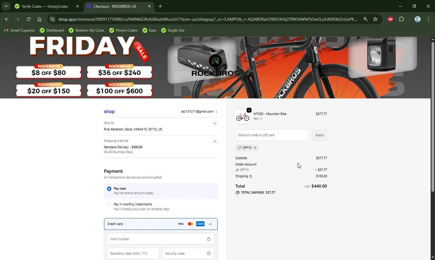 Rockbrosbike promo code screenshot showing code Off15 applied at Rockbrosbike checkout page. Uploaded by SimplyCodes community member LHaunter2 on Dec 5, 2025