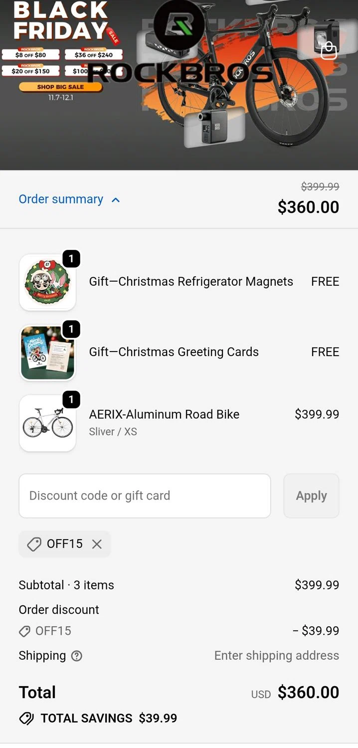 Rockbrosbike promo code screenshot showing code Off15 applied at Rockbrosbike checkout page. Uploaded by SimplyCodes community member CleverGuardian861 on Dec 5, 2025