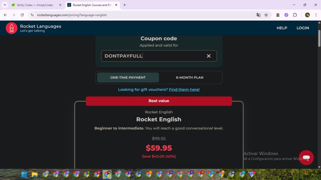 Rocket Languages checkout page showing Rocket Languages discount code box | Screenshot taken by SimplyCodes community member on Aug 21, 2025