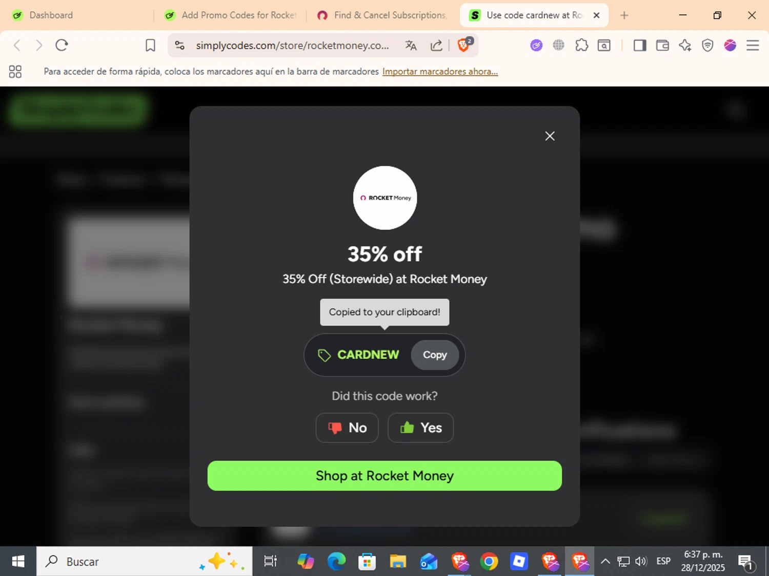 Rocket Money promo code screenshot showing code cardnew applied at Rocket Money checkout page. Uploaded by SimplyCodes community member ANDREWW on Dec 28, 2025