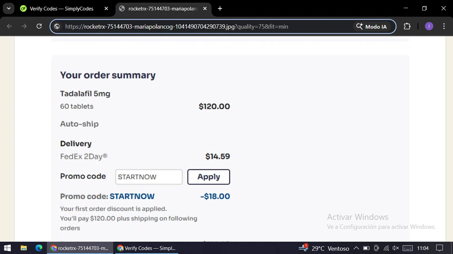 RocketRX promo code screenshot showing code STARTNOW applied at RocketRX checkout page. Uploaded by SimplyCodes community member AGP44456545 on Nov 26, 2025