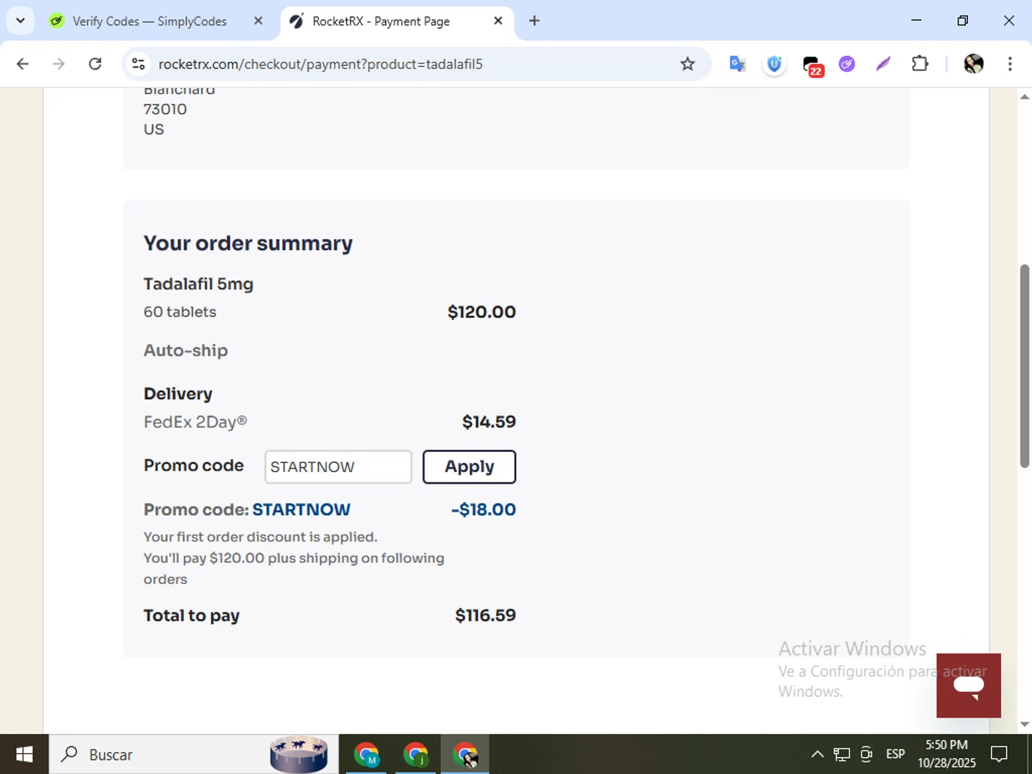 RocketRX promo code screenshot showing code STARTNOW applied at RocketRX checkout page. Uploaded by SimplyCodes community member mariapolancog on Oct 28, 2025