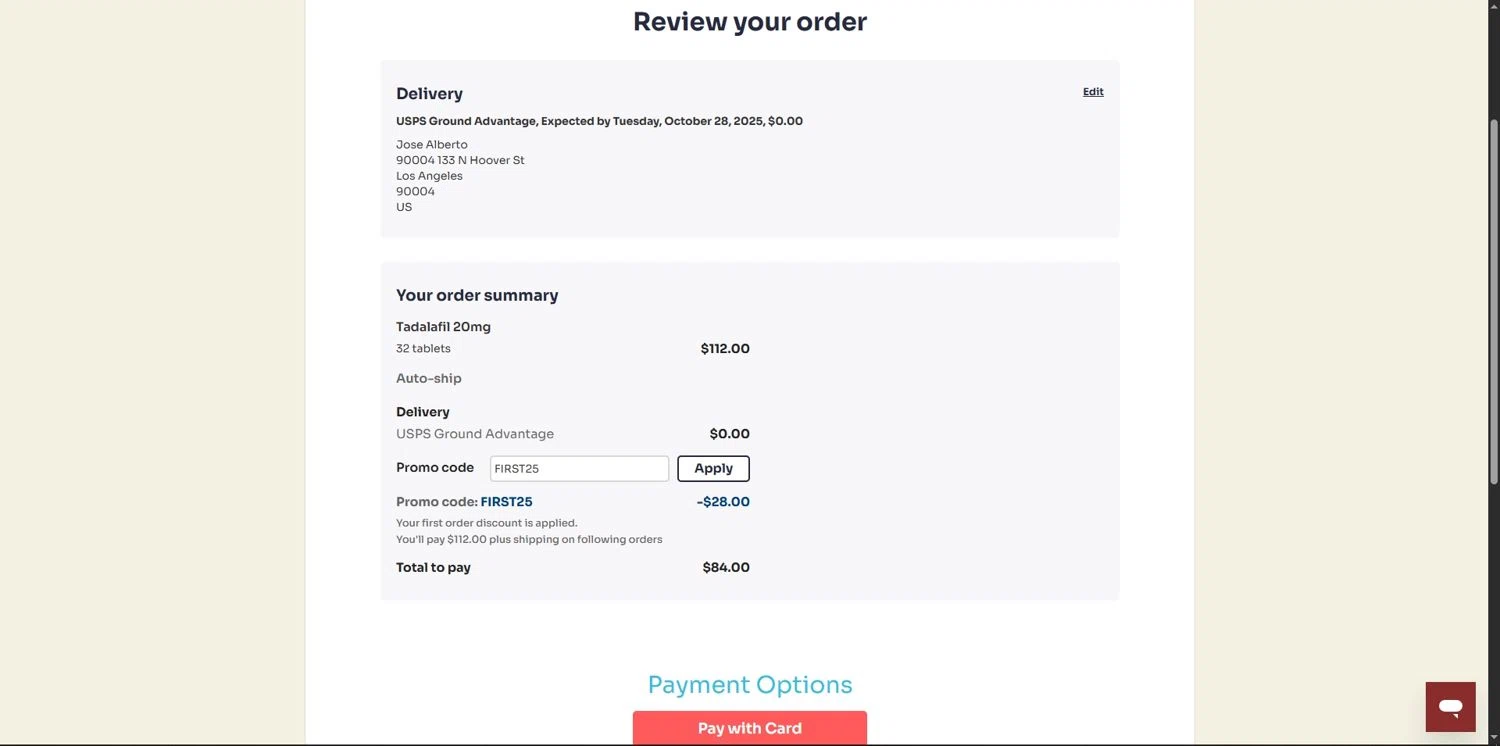 RocketRX promo code screenshot showing code FIRST25 applied at RocketRX checkout page. Uploaded by SimplyCodes community member Depressive on Oct 22, 2025