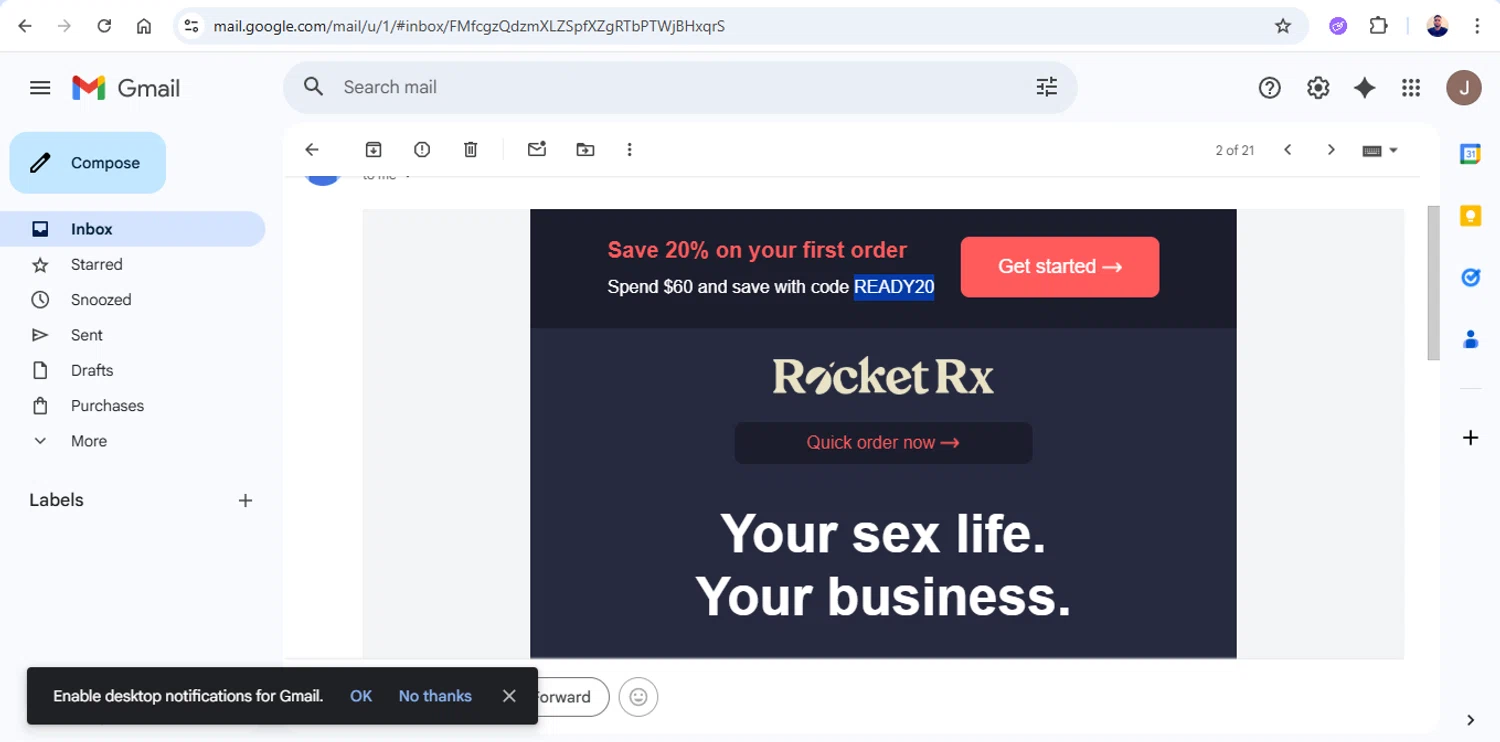 RocketRX promo code screenshot showing code READY20 applied at RocketRX checkout page. Uploaded by SimplyCodes community member joseg151520 on Dec 14, 2025