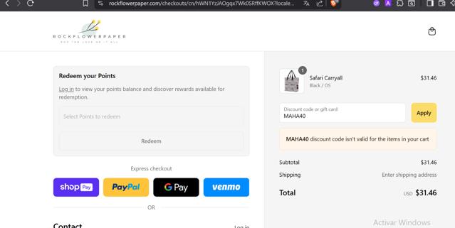 Rockflowerpaper checkout page showing Rockflowerpaper promo code box | Screenshot taken by SimplyCodes community member on Aug 8, 2025