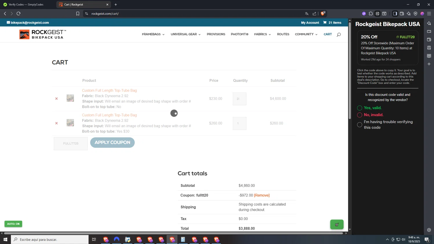 Rockgeist Bikepack USA checkout page showing Rockgeist Bikepack USA promo code box | Screenshot taken by SimplyCodes community member on Sep 18, 2025
