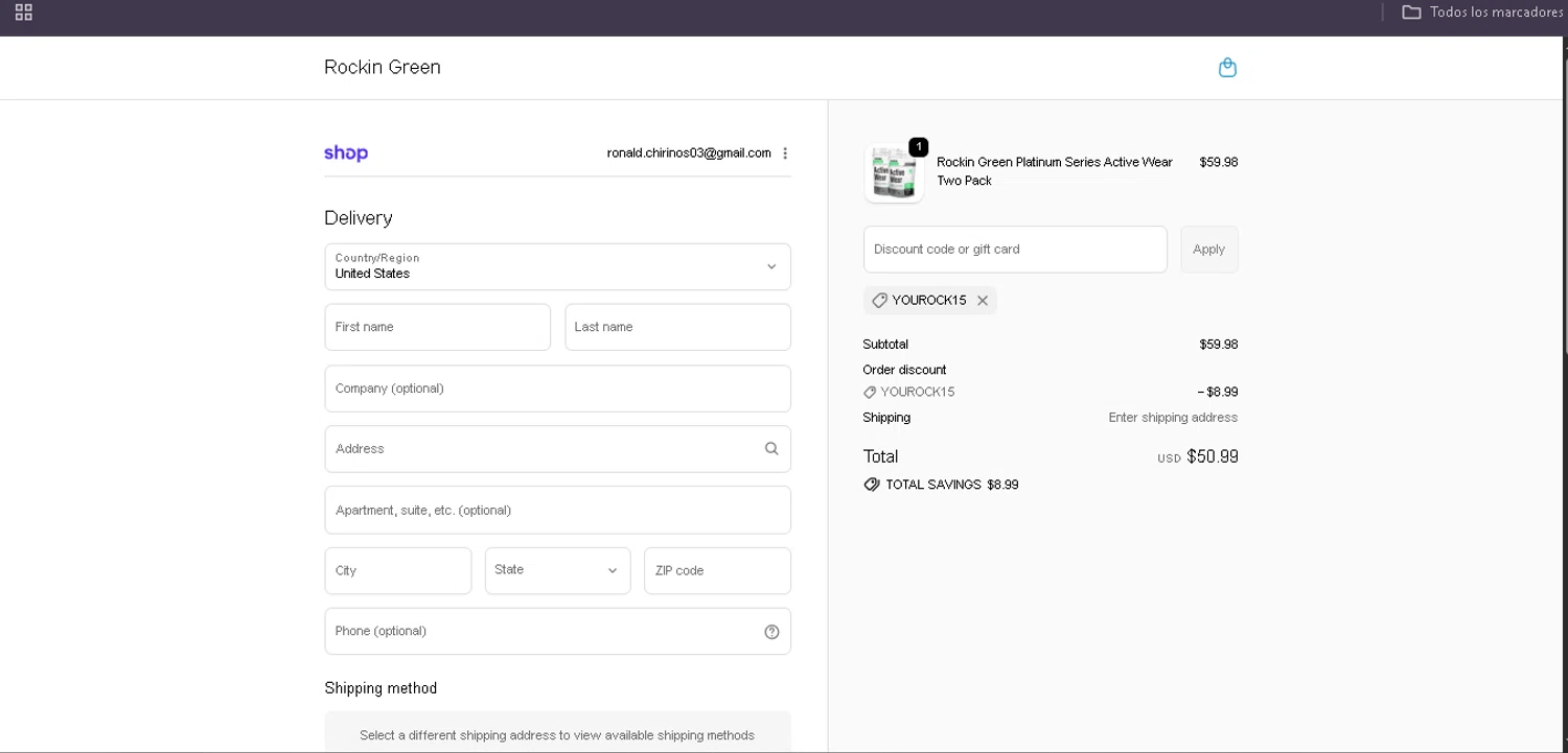 Rockin' Green discount code screenshot showing code YOUROCK15 applied at Rockin' Green checkout page. Uploaded by SimplyCodes community member Egni_149037891 on Dec 23, 2025