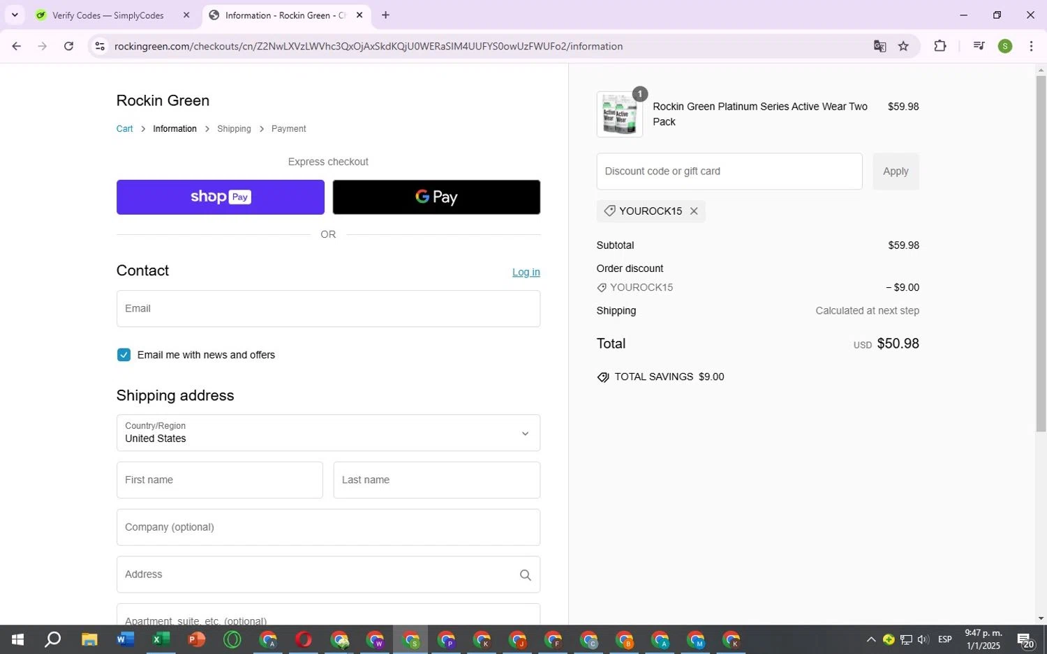 Rockin' Green discount code screenshot showing code YOUROCK15 applied at Rockin' Green checkout page. Uploaded by SimplyCodes community member RewardOwl2444 on Jan 2, 2025