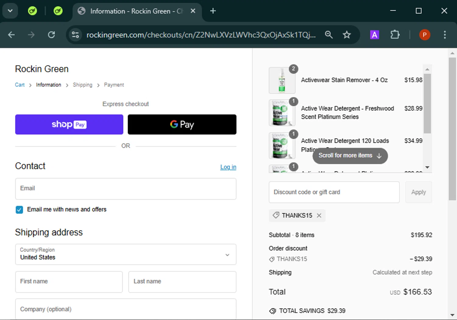 Rockin' Green discount code screenshot showing code THANKS15 applied at Rockin' Green checkout page. Uploaded by SimplyCodes community member Isabelle_adjanichamber on Feb 23, 2025
