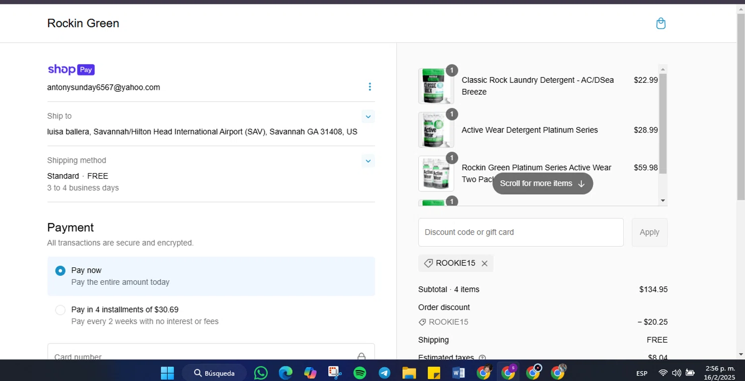 Rockin' Green discount code screenshot showing code ROOKIE15 applied at Rockin' Green checkout page. Uploaded by SimplyCodes community member Lamadama on Feb 16, 2025