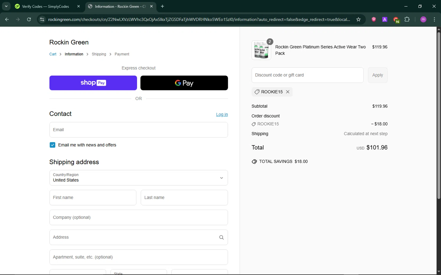 Rockin' Green discount code screenshot showing code ROOKIE15 applied at Rockin' Green checkout page. Uploaded by SimplyCodes community member TokenChaser4876 on Jun 18, 2025
