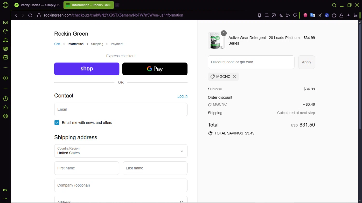 Rockin' Green discount code screenshot showing code MGCNC applied at Rockin' Green checkout page. Uploaded by SimplyCodes community member CleverMaven2889 on Sep 3, 2025